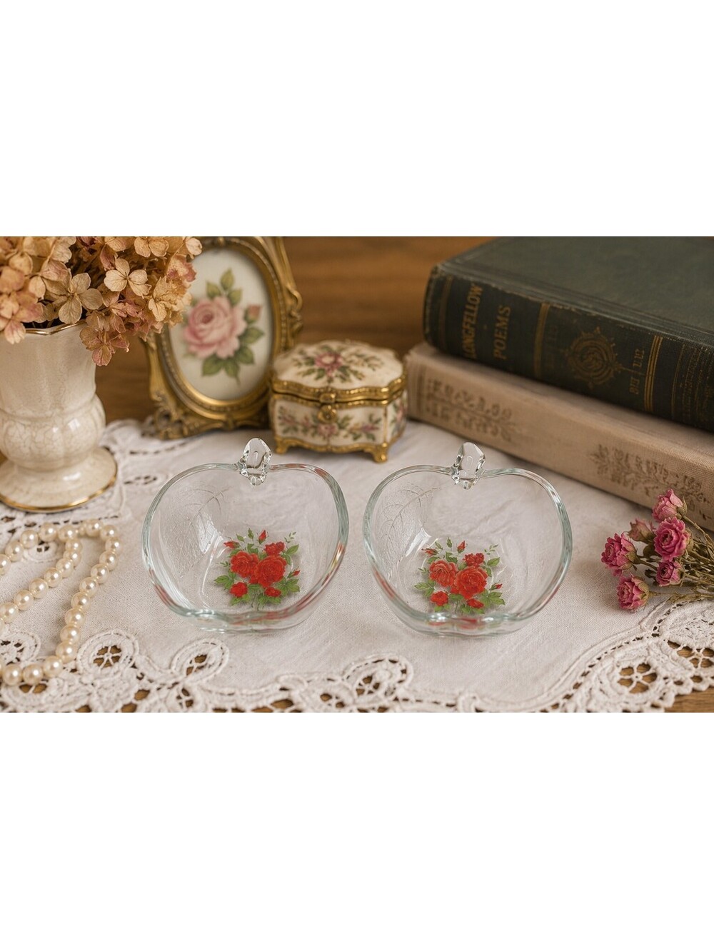 Vintage Jeannette Glass Apple Trinket Bowls Set 2 Rose Floral Candy Dishes